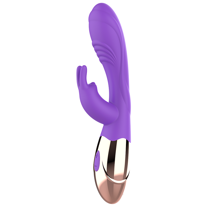 Un vibrador de silicona morado con detalles en oro rosa y doble motor sobre fondo blanco.