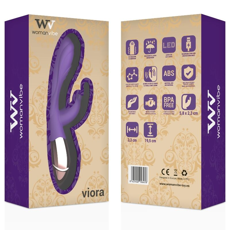 Vibrador Viora morado en caja decorativa con iconos de productos.