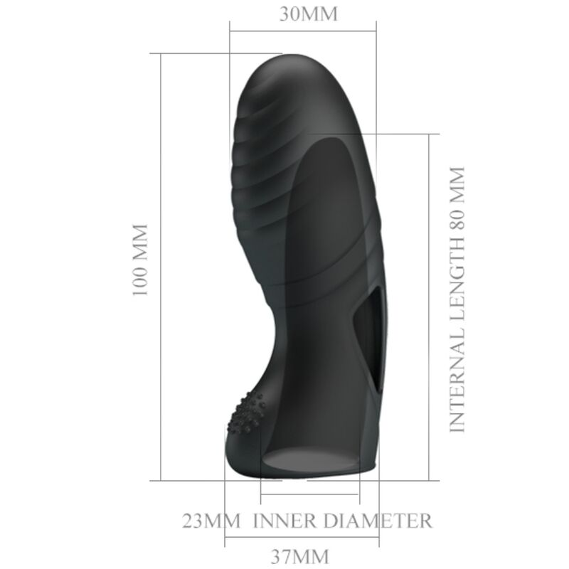 Juguete sexual negro texturizado con líneas de dimensión que indican altura, ancho y diámetro interno.