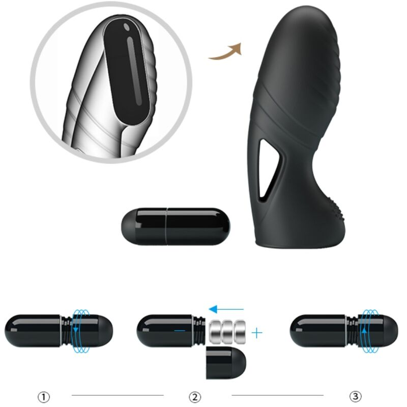 El diagrama muestra la inserción de pilas en un dispositivo cilíndrico negro y su uso con una funda.