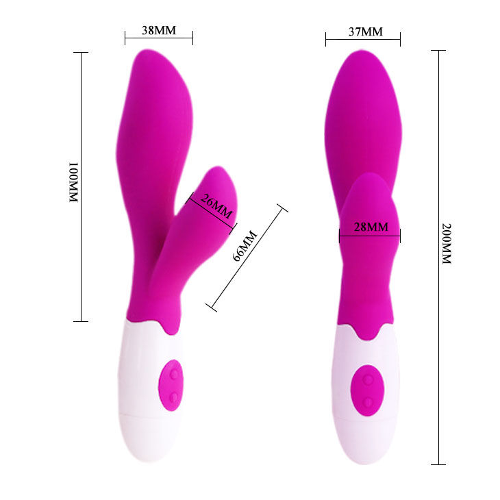 Zwei pinke und weiße Dildos mit Maßangaben.