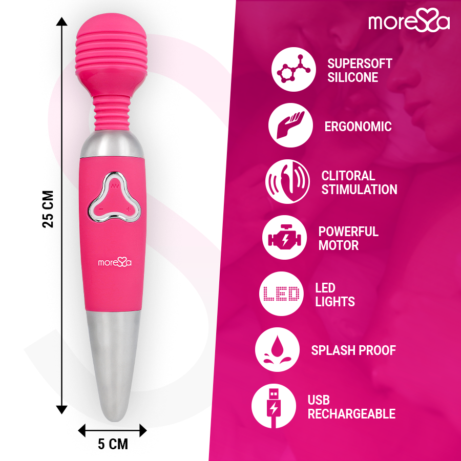 Vibrador rosa y plateado de 25 cm con iconos de características en fondo rojo.