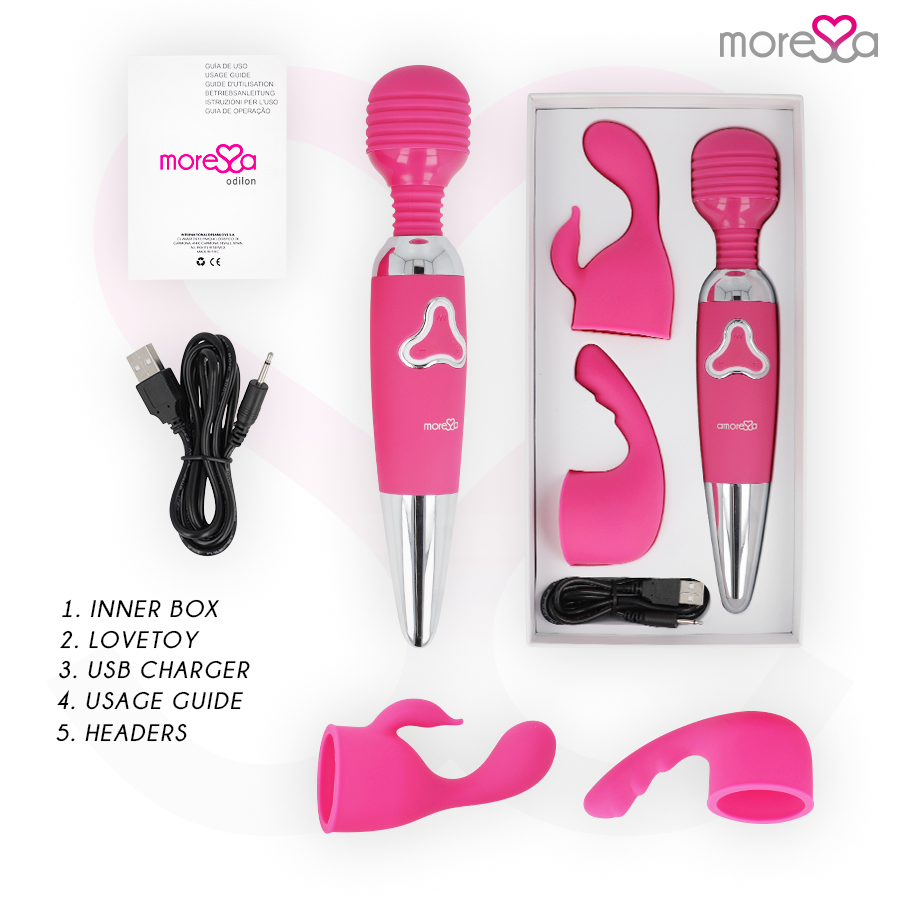 Conjunto de masajeador rosa con accesorios, cable USB y manual en caja blanca.