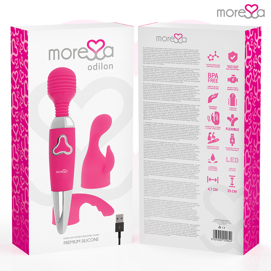 Vibrador Moresa Odilon rosa y plateado en caja con cabezales intercambiables, cable USB y características del producto.