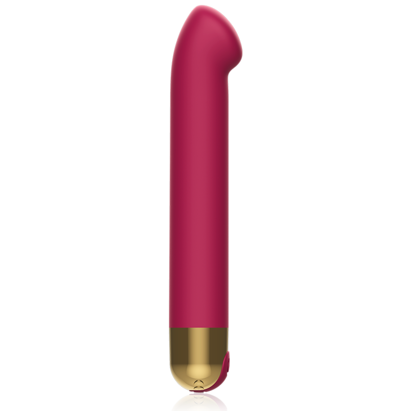 Ein rosafarbener Vibrator mit abgerundetem Kopf und goldener Basis vor weißem Hintergrund.