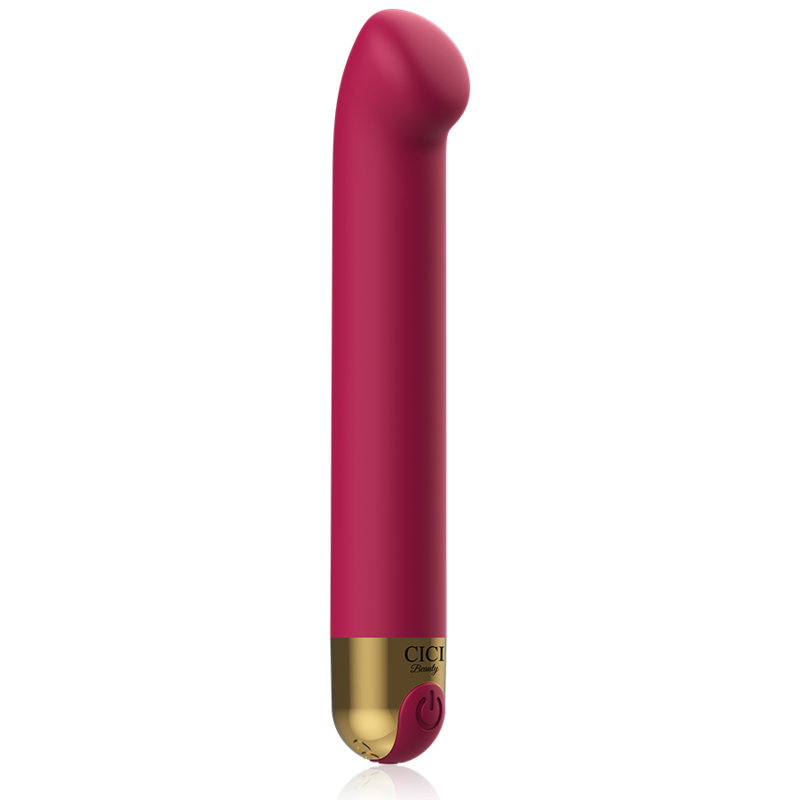 Ein rosafarbenes Massagegerät mit goldenem Sockel und integriertem Einschaltknopf auf einem weißen Hintergrund.