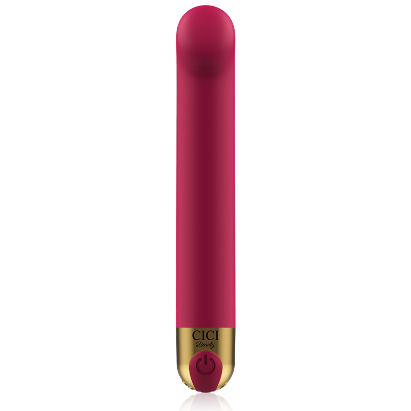 Ein rosafarbener Zylinder-Vibrator mit goldenem Akzent und Einschalttaste auf weißem Hintergrund.