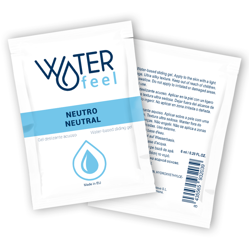 Zwei weiße Säckchen mit blauer Aufschrift Waterfeel Neutro, Gleitgel auf Wasserbasis.