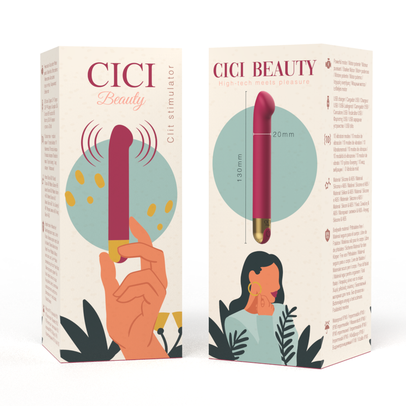 Zwei Produktverpackungen eines roten Cici Beauty Clit-Simulators mit Grafiken.