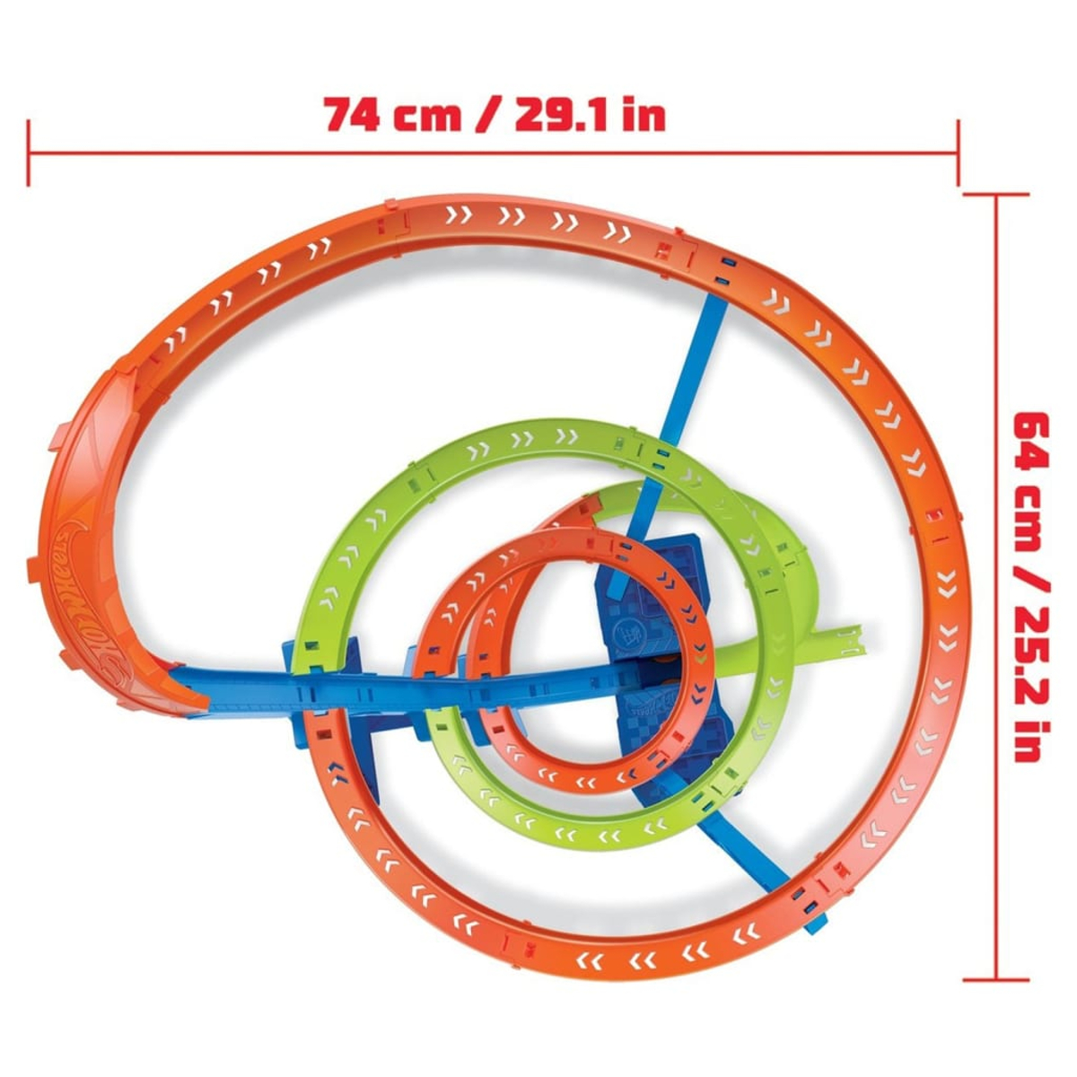 Draufsicht einer bunten Spielzeug-Rennstrecke mit den Maßen 74 cm Breite und 64 cm Höhe.