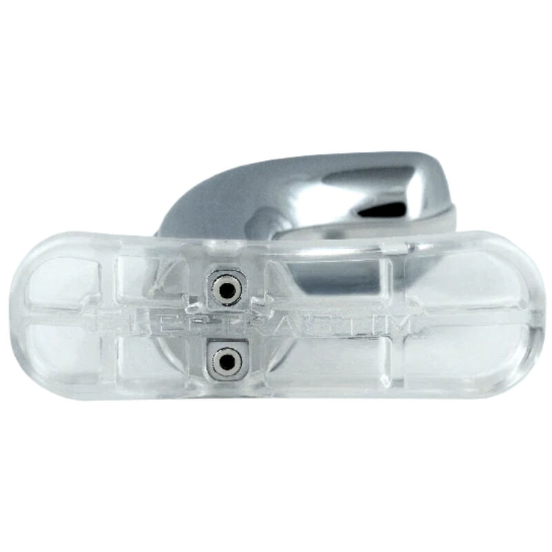 Un objeto metálico brillante con una base de plástico transparente y dos tornillos pequeños.