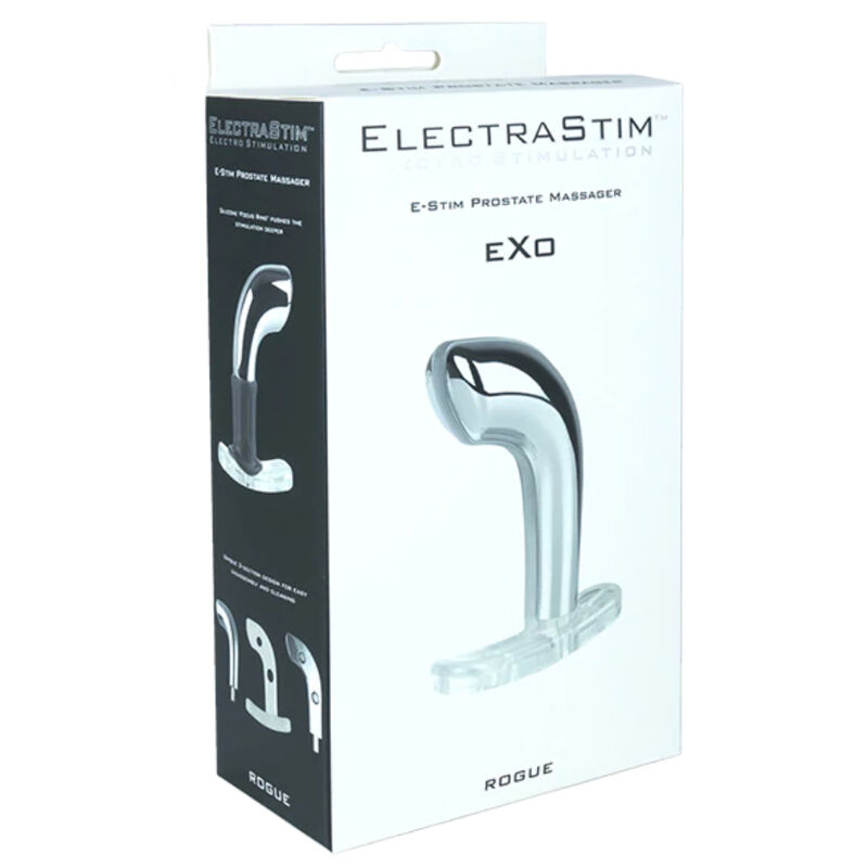 Embalaje blanco del masajeador de próstata ElectraStim Exo E-Stim con imagen del producto al frente.