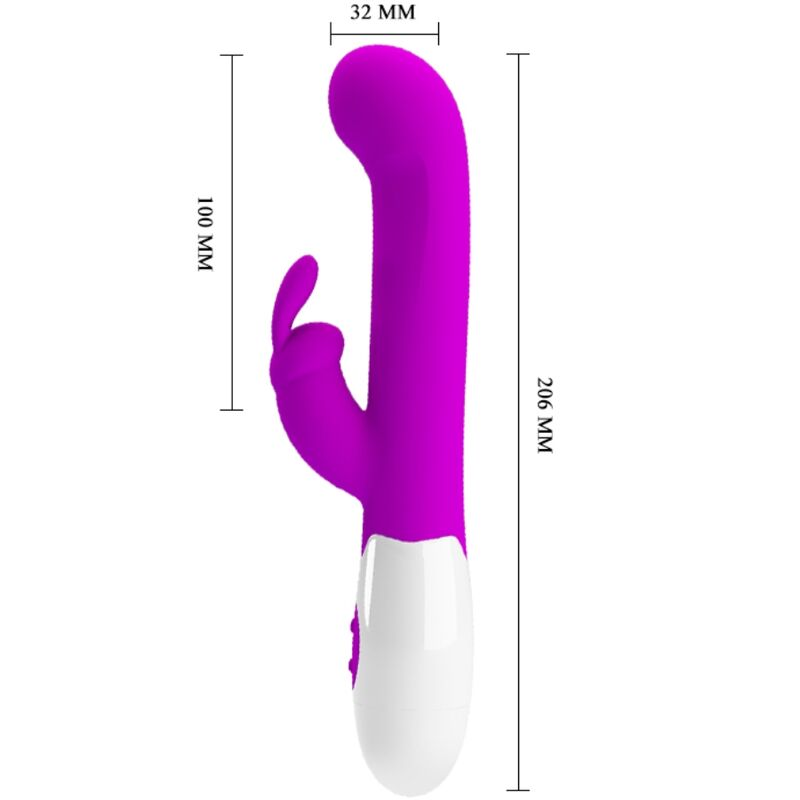 Diagrama de un vibrador morado y blanco con indicadores de medida.