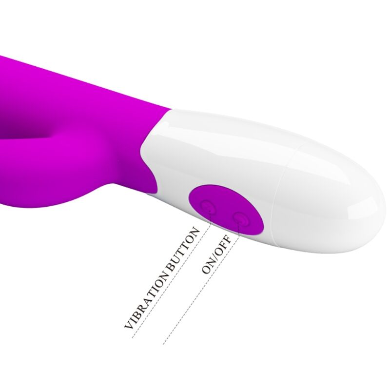 Primer plano de un vibrador morado y blanco con botones de vibración y encendido/apagado sobre fondo blanco.