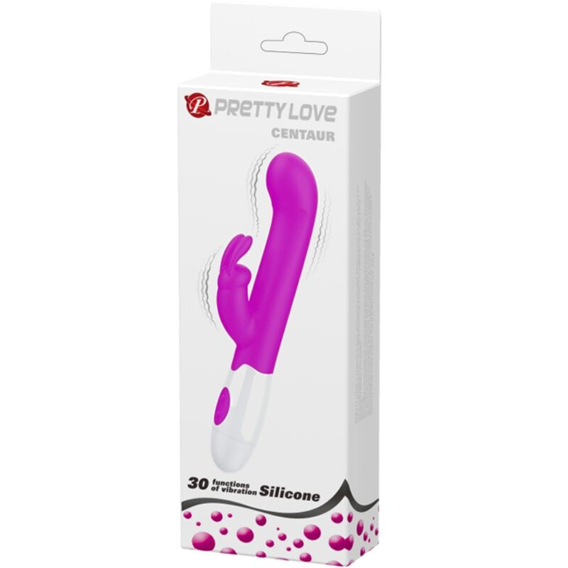 Un empaque de vibrador de silicona morado y blanco con texto 'Pretty Love Centaur'.