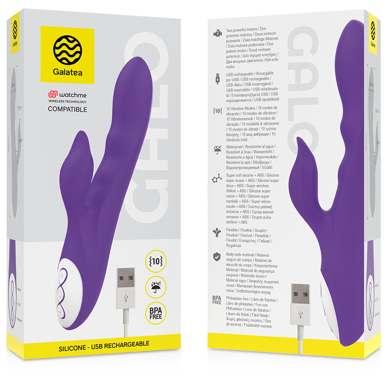 Vibrador Galatea morado en su embalaje mostrando características.