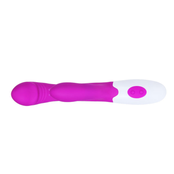 Un juguete para adultos magenta y blanco con eje contorneado y botones de control sobre fondo blanco.