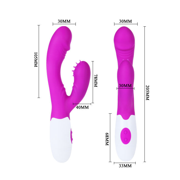 Dispositivo vibrador púrpura con medidas en milímetros sobre fondo blanco.