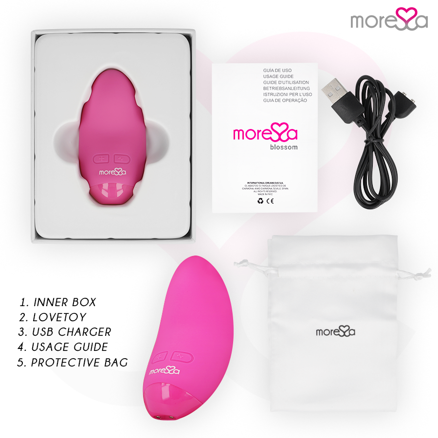 Set de masajeador rosa con caja, cargador USB, manual y bolsa, mostrado con lista numerada sobre fondo blanco.