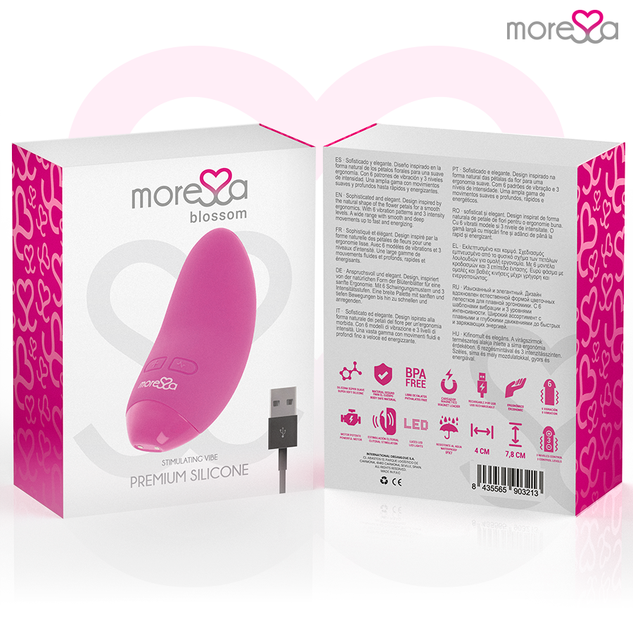 Vibrador de silicona rosa en caja blanca y rosa con cable USB y detalles.