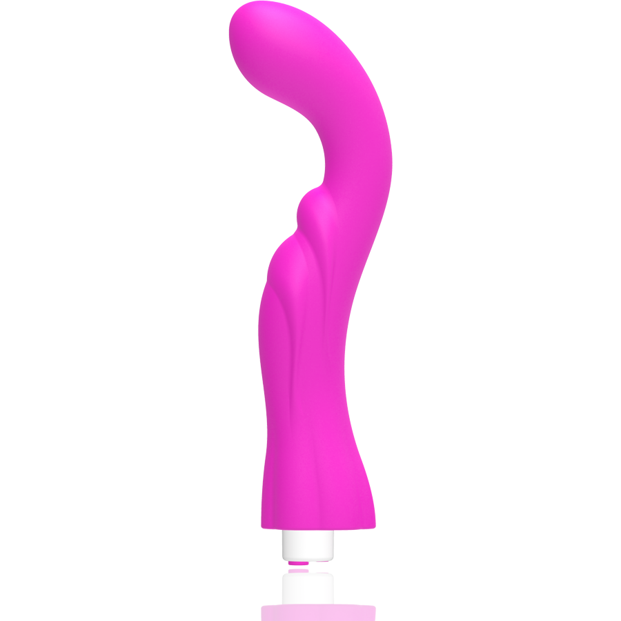 Ein geschwungenes, pinkfarbenes Sexspielzeug mit weißem Sockel vor weißem Hintergrund.