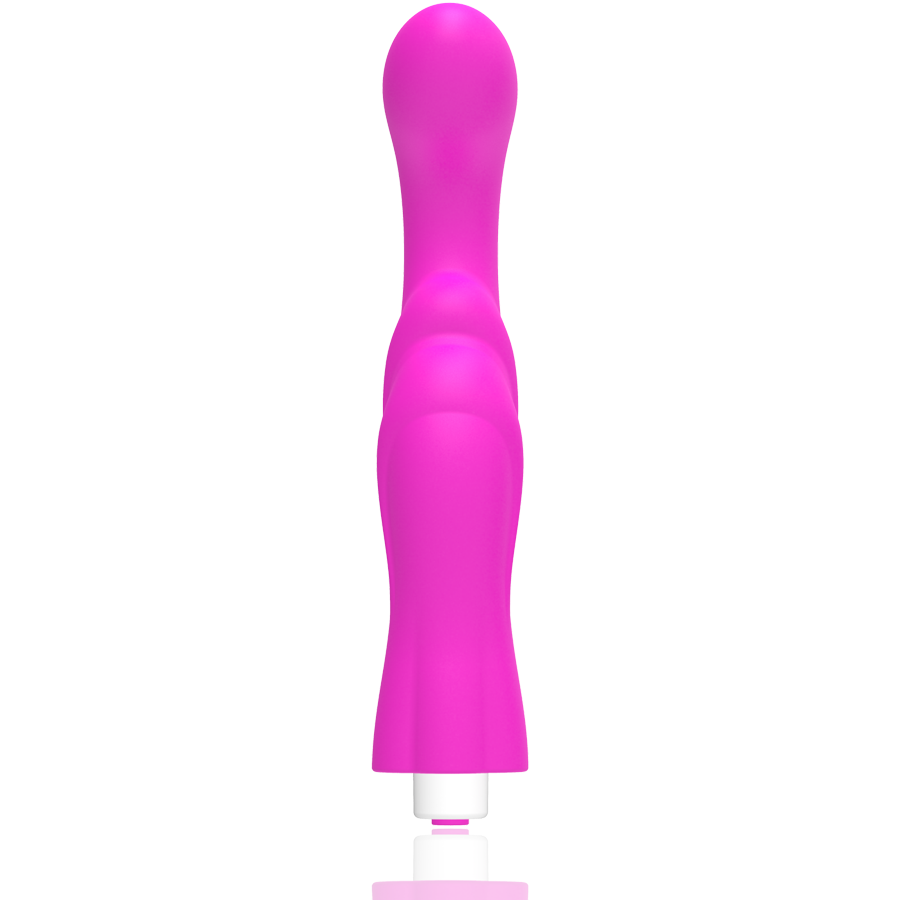 Ein glatter, pinker Vibrator mit geschwungenem Design steht senkrecht auf weißem Hintergrund.