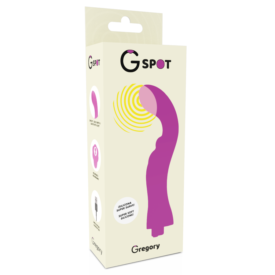 Eine beige Verpackung mit einem pinken G-Punkt-Vibrator, gelben Wellen und dem Markennamen Gregory.