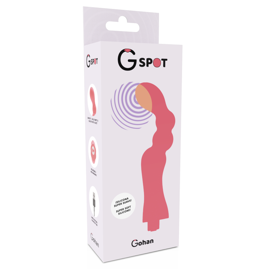 Weiße Verpackung mit rosa Silikonvibrator, G Spot Logo und Symbolen für Funktionen auf weißem Hintergrund.