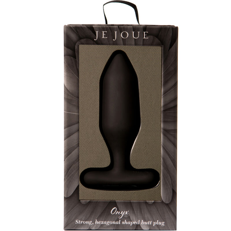 Un tapón anal negro Je Joue Onyx en su caja de producto con asa.