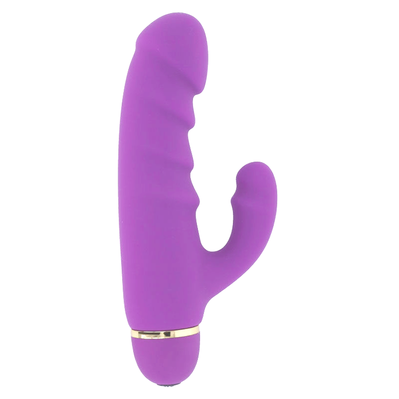 Un vibrador de silicona morado con forma curva y anillo dorado sobre fondo blanco.