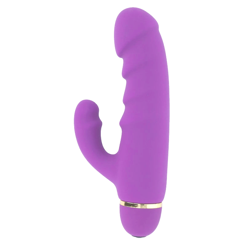 Un dispositivo de bienestar morado con cuerpo curvo y pequeña extensión sobre fondo blanco.