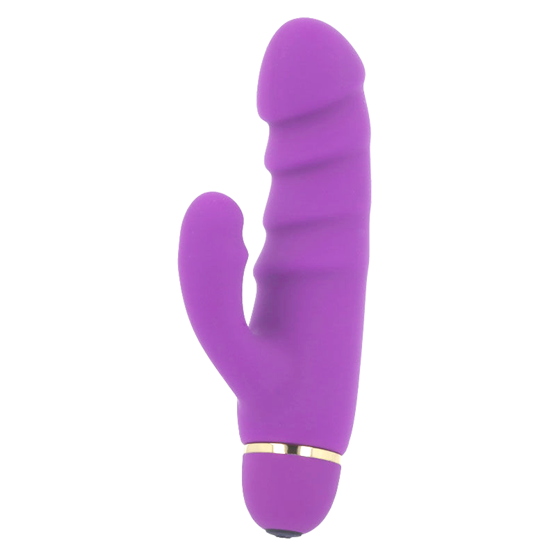 Un vibrador de silicona morado con un eje principal estriado y un brazo más pequeño sobre fondo blanco.