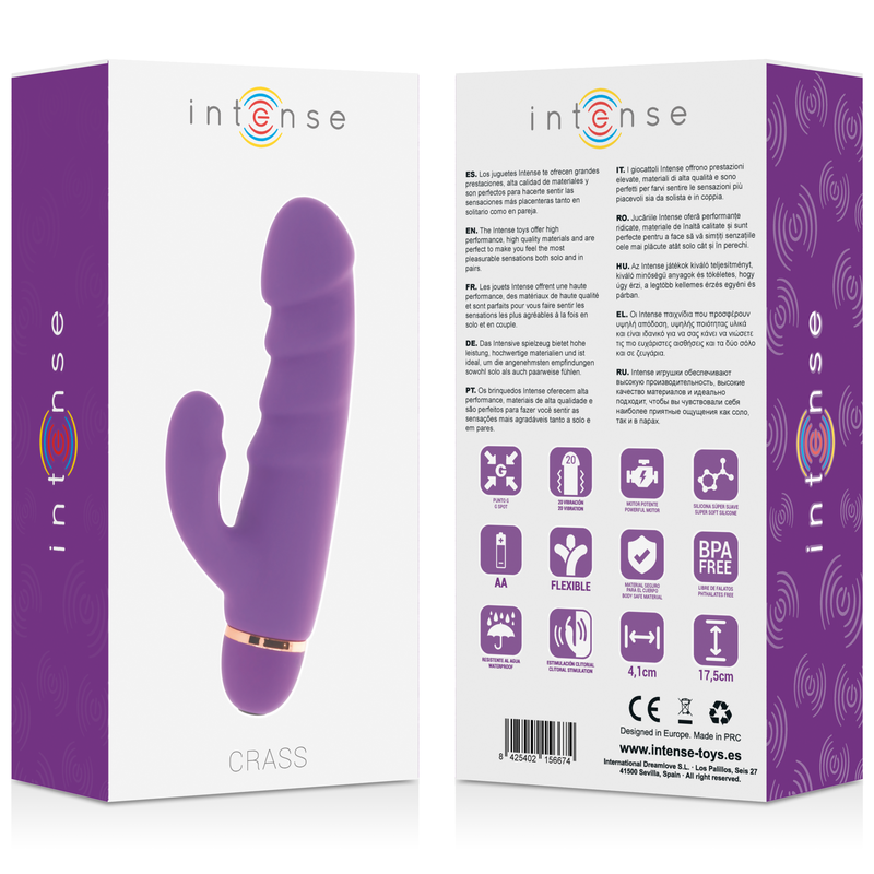 Juguete vibrador morado frente a un empaque blanco con texto e iconos.