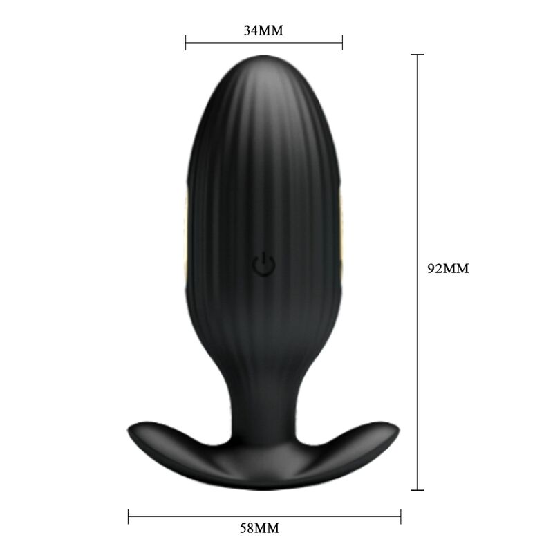Producto de bienestar negro acanalado con dimensiones de 34 mm, 92 mm y 58 mm.