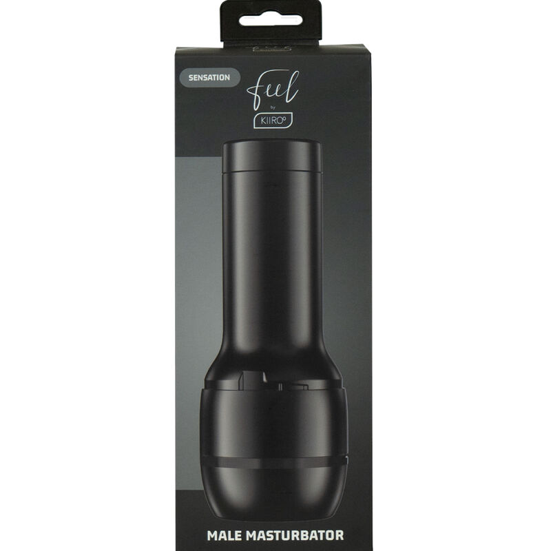 Schwarze Produktverpackung eines männlichen Masturbators mit weißer Aufschrift und Hängevorrichtung.