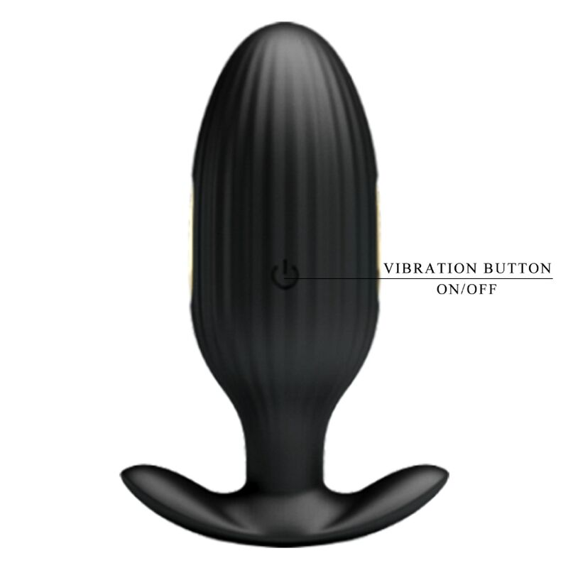 Producto de bienestar acanalado negro con botón de vibración integrado sobre fondo blanco.
