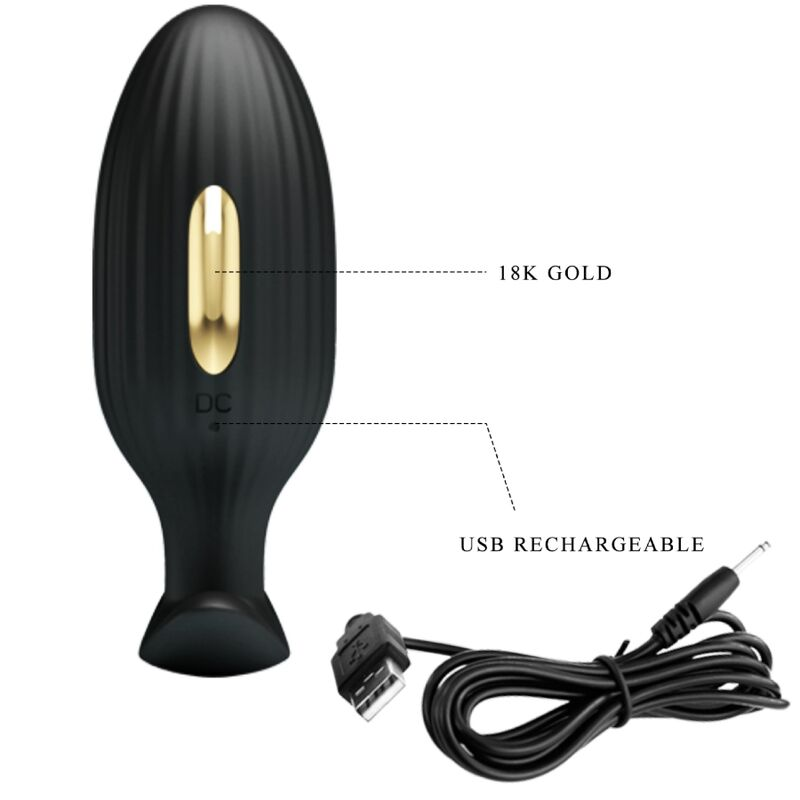 Accesorio de bienestar negro con detalle dorado y cable de carga USB.