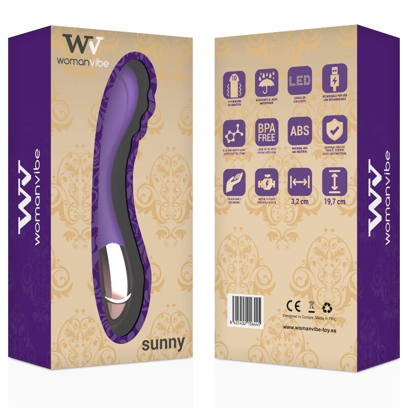 Producto morado y negro en caja beige y morada con iconos y texto.