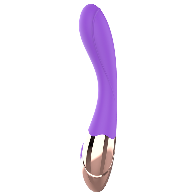 Un vibrador morado curvo con una base brillante de oro rosa sobre fondo blanco.