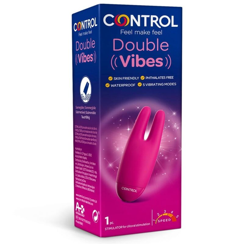 Caja de producto azul que muestra un vibrador rosa de dos puntas con texto e iconos.