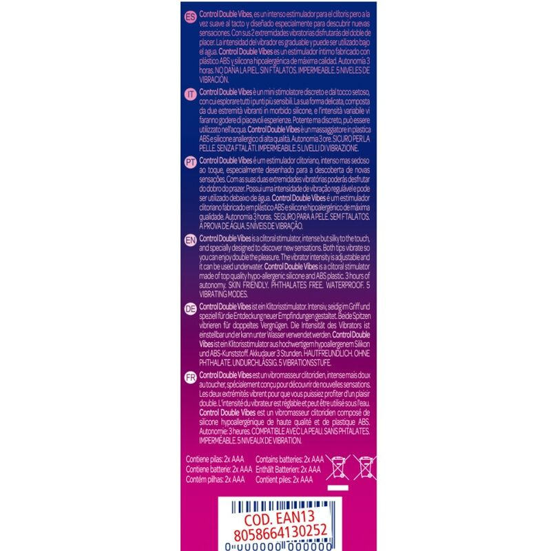 Embalaje de producto con texto multilingüe, iconos de pilas y código de barras en fondo morado.