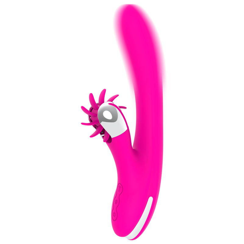 Un juguete sexual rosa con eje curvado y un accesorio estimulador giratorio con pequeñas aletas flexibles.