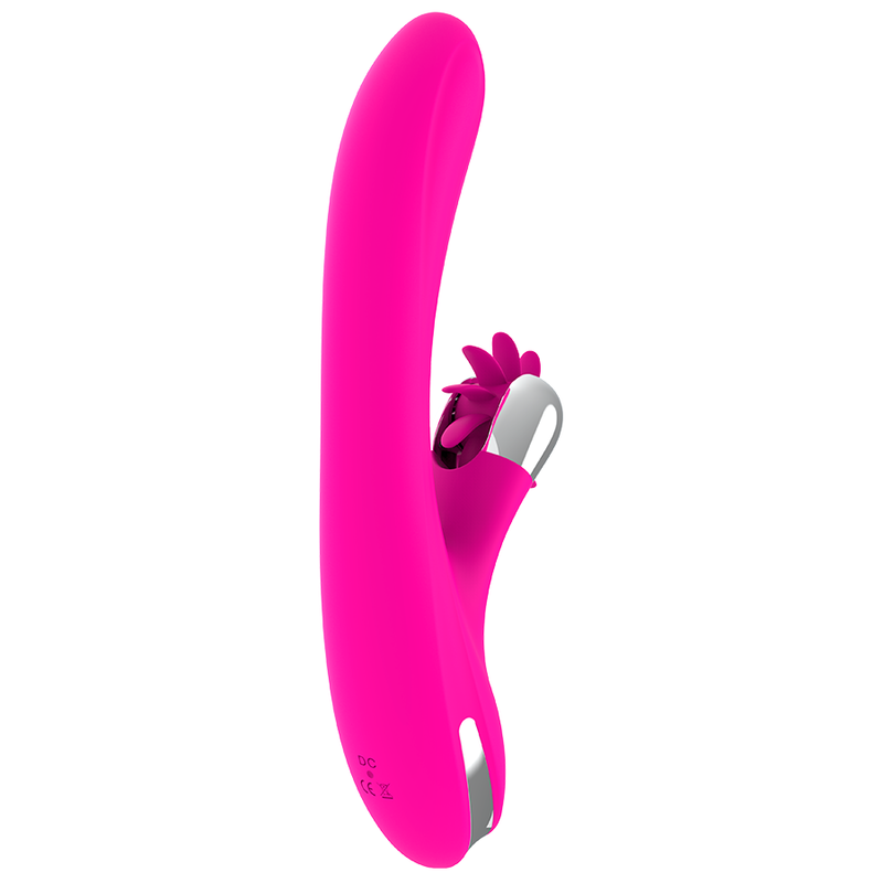 Un dispositivo de bienestar curvo de color rosa con detalles plateados brillantes y una estructura en forma de pétalo.