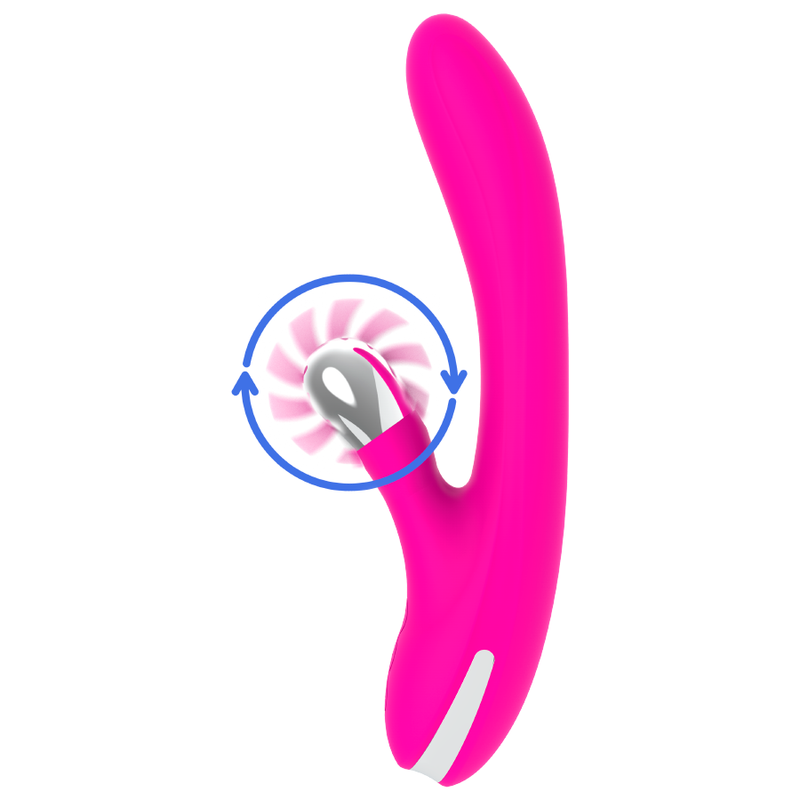 Un vibrador rosa con detalles plateados y un indicador gráfico giratorio.
