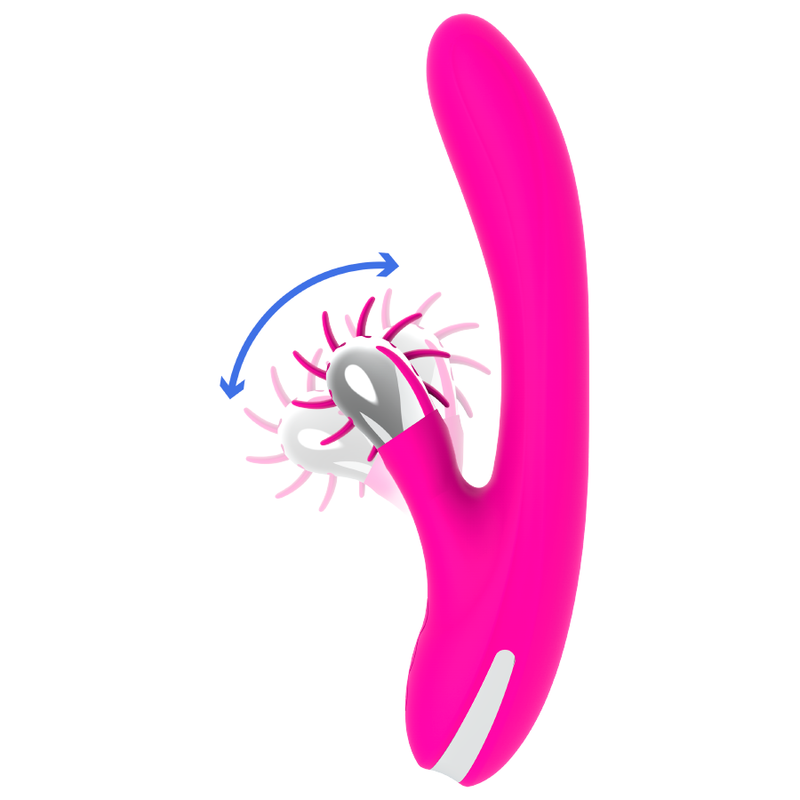 Un vibrador rosa con un cepillo giratorio móvil con púas y flechas de movimiento azules.