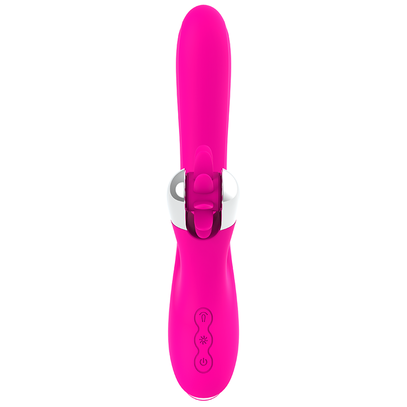 Un vibrador rosa liso con detalles plateados y tres botones de control sobre fondo blanco.