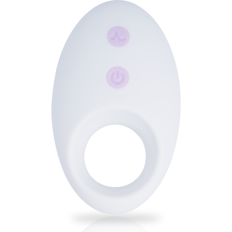 Ein weißes, eiförmiges Wellness-Gerät mit einer Ringöffnung unten und zwei lila Tasten oben.