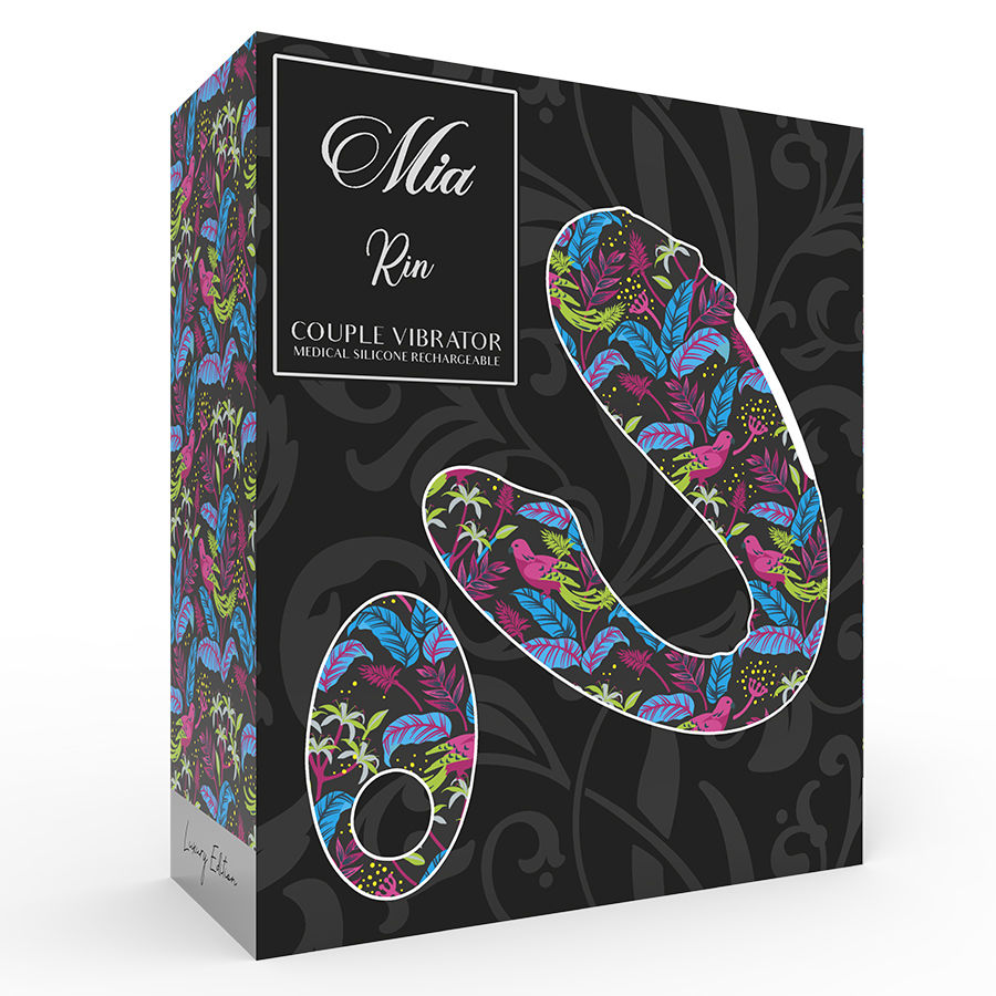 Schwarze Produktverpackung für den Mia Rin Paar-Vibrator mit buntem Tropenmuster und weißen Schriftzügen.