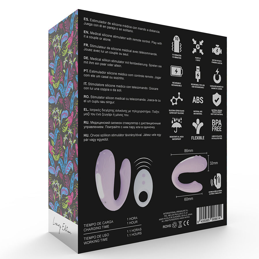 Eine schwarze Verpackungsbox mit mehrsprachigen Beschreibungen, Produktsymbolen, Maßen und lila Gerätebildern.