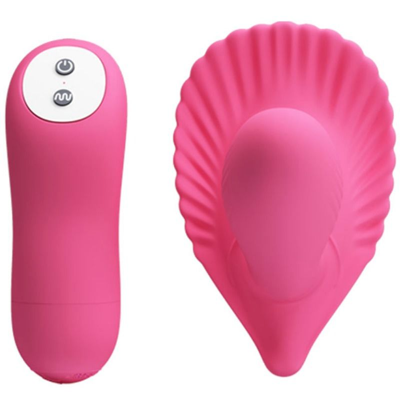 Ein pinkes Vibrator-Set bestehend aus einer Fernbedienung und einem muschelförmigen Aufsatz auf weißem Hintergrund.
